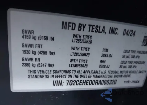 2024 Tesla Cybertruck All-Wheel Drive из США, поврежденный, VIN 7G2CEHED0RA006320